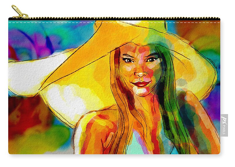 Portrait Zip Pouch featuring the digital art Girl In A Floppy Hat by Michael Kallstrom