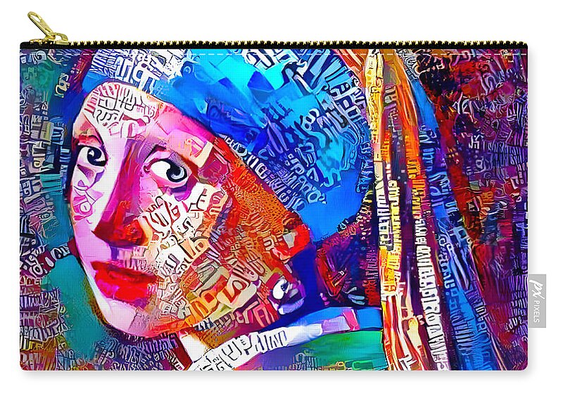 Girl With A Pearl Earring Zip Pouch featuring the digital art Girl with a Pearl Earring by Johannes Vermeer - colorful close up by Nicko Prints