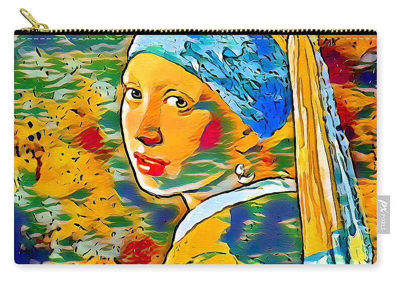 Girl With A Pearl Earring Zip Pouch featuring the digital art Girl with a Pearl Earring by Johannes Vermeer - dark blue, orange, and green, colorful recreation by Nicko Prints