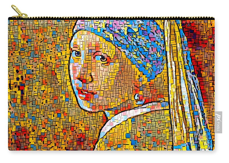 Girl With A Pearl Earring Zip Pouch featuring the digital art Girl with a Pearl Earring by Johannes Vermeer, in the style of Piet Mondrian Composition by Nicko Prints