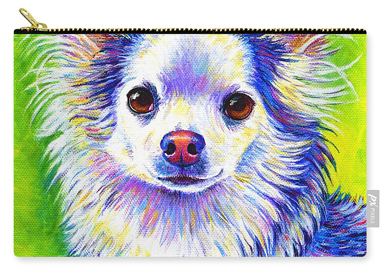 Chihuahua Zip Pouch featuring the painting Colorful Cute Longhaired Chihuahua Dog by Rebecca Wang