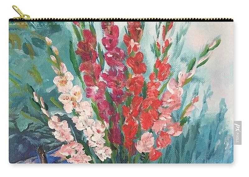 Landscape Zip Pouch featuring the painting Gladioli in the garden by Tetiana Bielkina