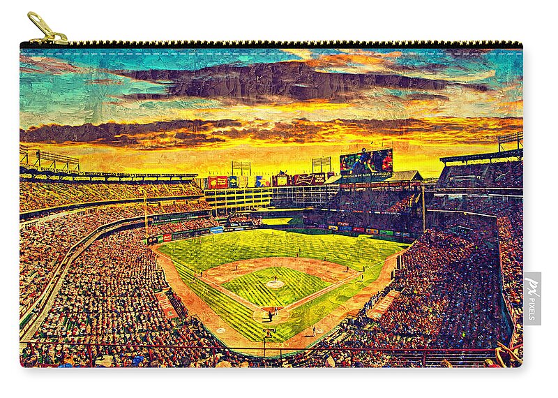 Globe Life Park Zip Pouch featuring the digital art Globe Life Park in Arlington, Texas, at sunset - digital painting by Nicko Prints