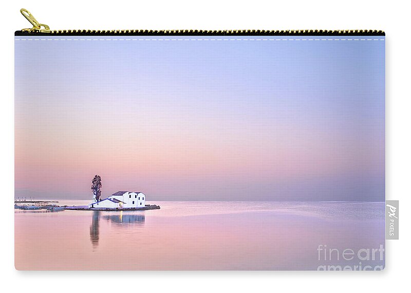 Sunrise Tree White Haven House Single Lonely Loneliness Alone Solo Solitary Relaxation Blue Sky Pink Sea Creative Unwinding Calm Serene Tranquillity Untroubled Minimalist Stylish Minimalism Glorious Impression Impressionistic Landscape Scenic Mindfulness Singular Charming Atmospheric Aesthetic Dawn Sentimental Delicate Gentle Evocative Panoramic Unspoiled Peaceful Tranquility Morning Simplicity Pastel Watercolor Conceptual Expressive Serenity Inspirational Magic Poetic Delightful Simple Seascape Zip Pouch featuring the photograph Singled out at sea, Glorious dawn at sea Greece, Corfu calm and tranquility before sunrise by Tatiana Bogracheva