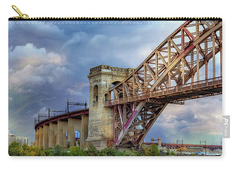 Astoria Park Zip Pouch featuring the photograph Glorious Hell Gate Bridge by Cate Franklyn