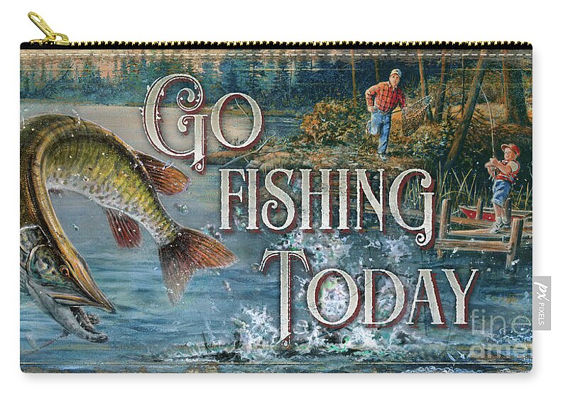 Jq Licensing Zip Pouch featuring the painting Go Fishing Sign by Scott Zoellick