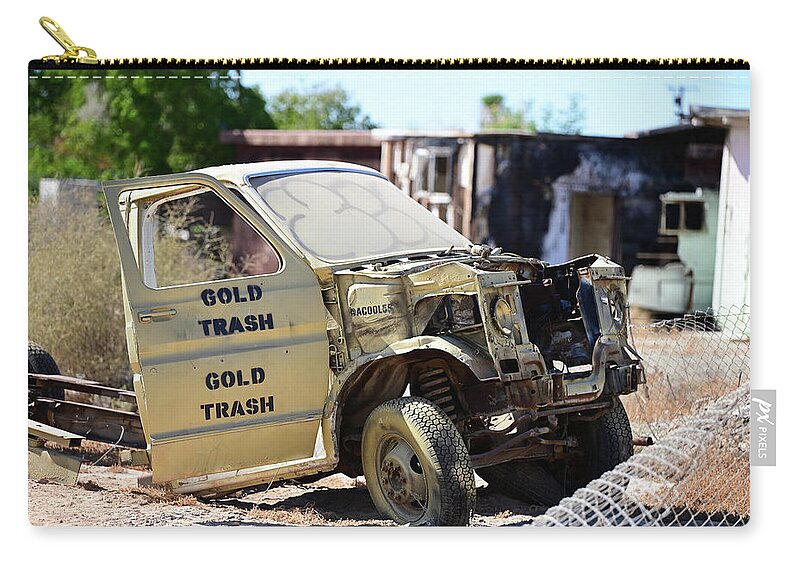 Bombay Beach Zip Pouch featuring the photograph Gold Trash is Treasure by Chris Casas