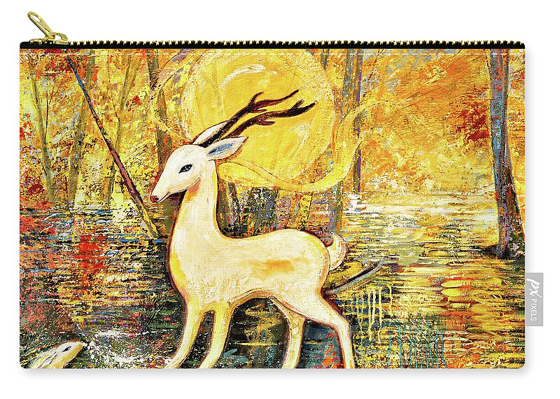 Deer Zip Pouch featuring the painting Golden Autumn by Shijun Munns