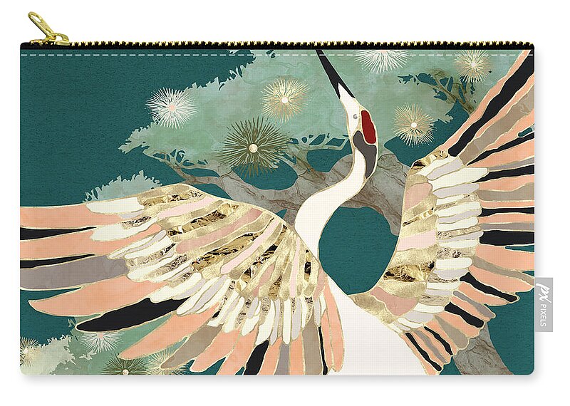 Crane Zip Pouch featuring the digital art Golden Crane by Spacefrog Designs