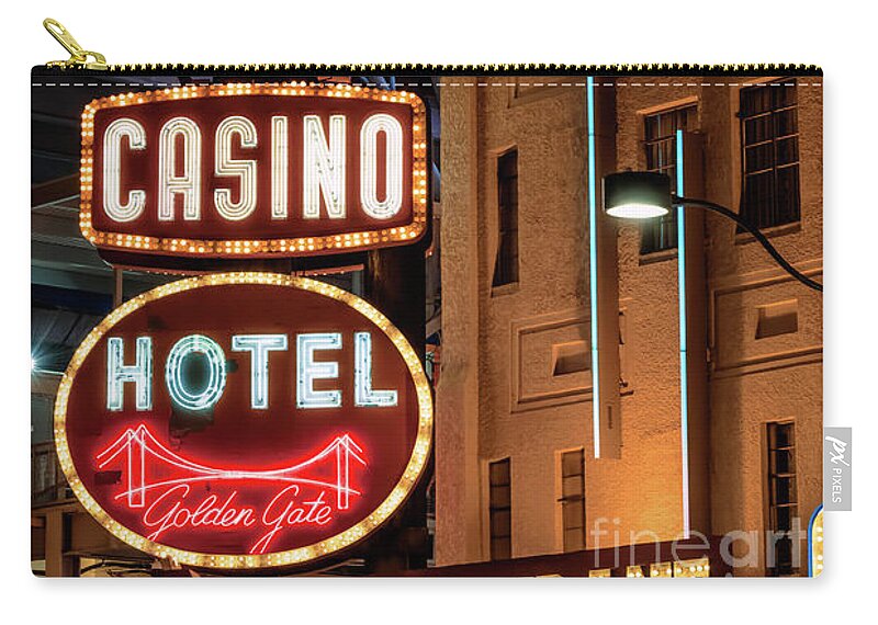 Golden Gate Casino Zip Pouch featuring the photograph Golden Gate Casino Neon Signs and Fremont Experience at Night by Aloha Art