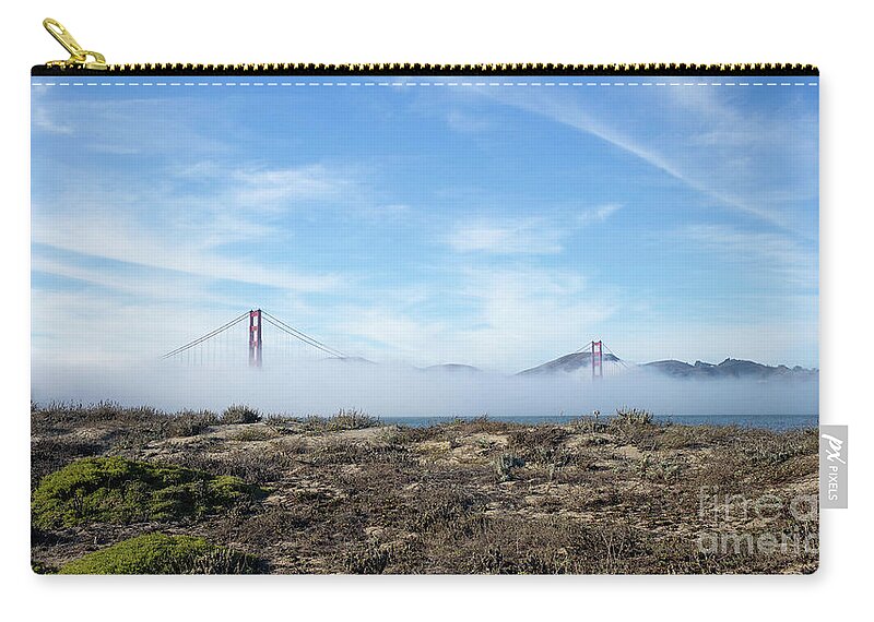 Golden Gate Bridge Zip Pouch featuring the photograph Golden Gate Rising from the Fog by Manuela's Camera Obscura