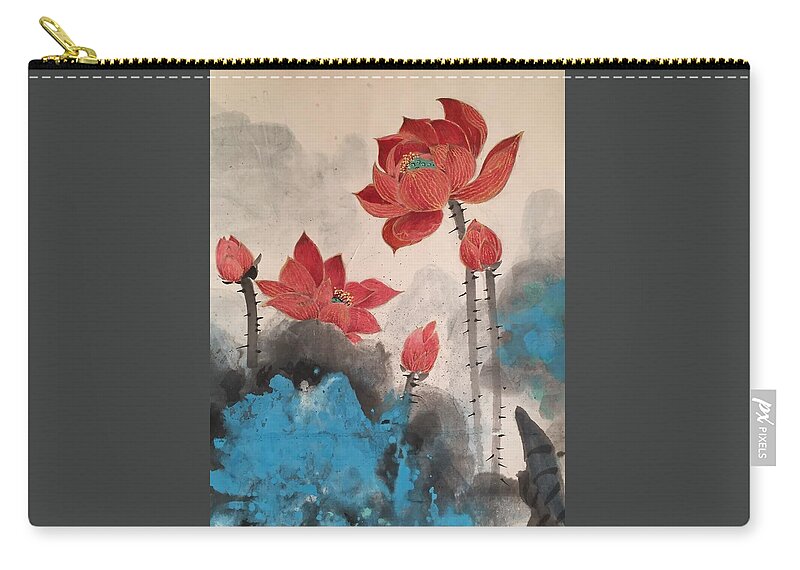 Lotus Zip Pouch featuring the painting Golden Lotus by Vina Yang
