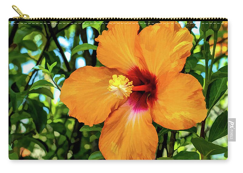 Gardens Zip Pouch featuring the photograph Golden Sunset Hibiscus Flower by Roslyn Wilkins