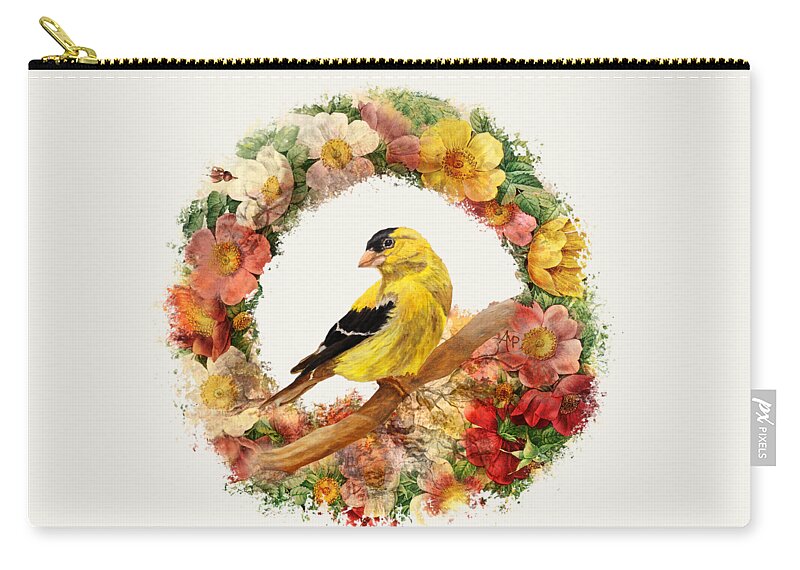 American Goldfinch Zip Pouch featuring the painting Goldfinch In Flowers Garland by Angeles M Pomata