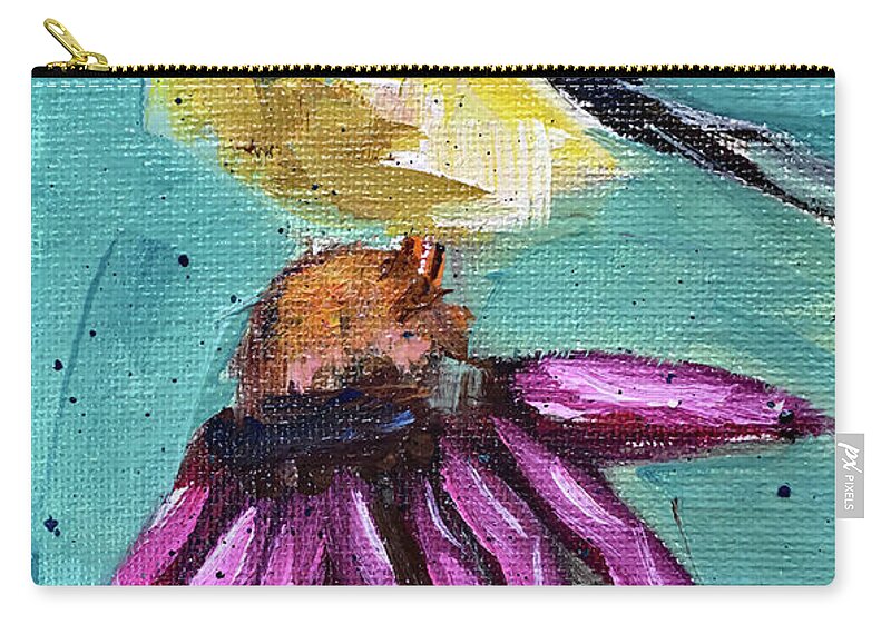 Goldfinch Zip Pouch featuring the painting Goldfinch on a Coneflower by Roxy Rich