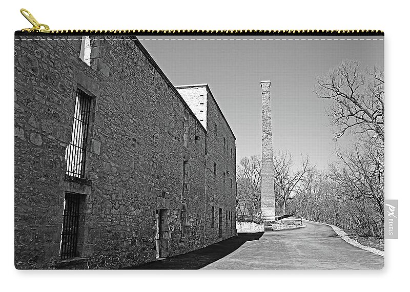 Door Zip Pouch featuring the photograph Goldie Mill Ruins Black And White by Debbie Oppermann