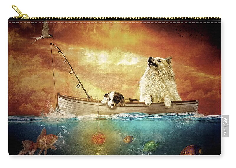Icelandic Sheepdog Zip Pouch featuring the digital art Gone Fishing by Maggy Pease