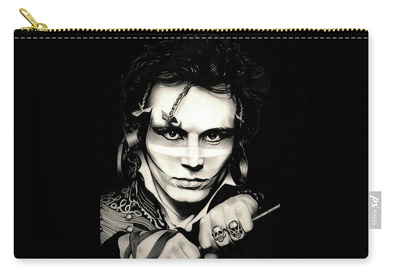 Adam Ant Zip Pouch featuring the drawing Goody two shoes - Adam Ant - Black Back Edition by Fred Larucci