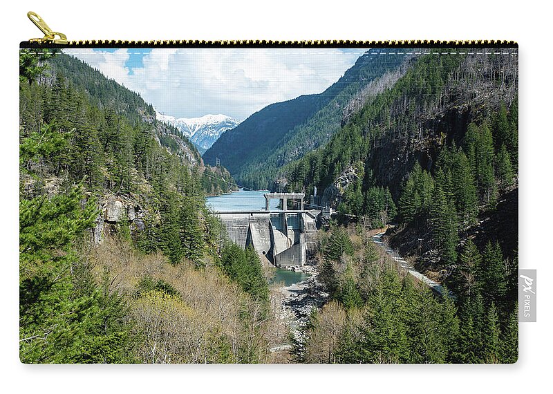Gorge Dam And Dry River Bed Zip Pouch featuring the photograph Gorge Dam and Dry River Bed by Tom Cochran