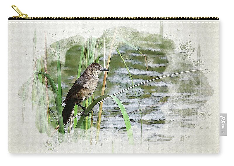 Grackle Zip Pouch featuring the digital art Grackle by the Lake by Alison Frank