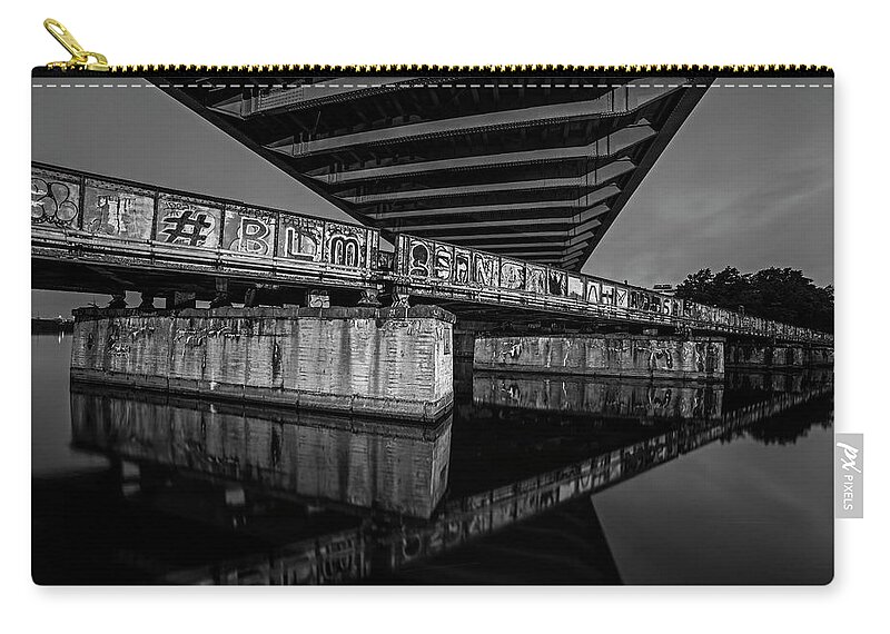 Boston Zip Pouch featuring the photograph Graffiti Under the BU Bridge Boston MA Charles River Reflection Black and White by Toby McGuire