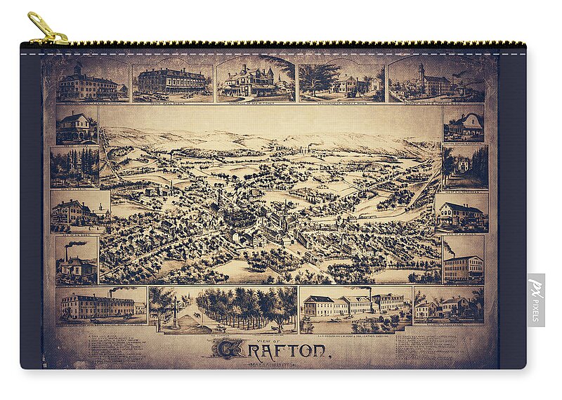 Map Zip Pouch featuring the photograph Grafton Massachusetts Vintage Map Birds Eye View 1887 Sepia by Carol Japp