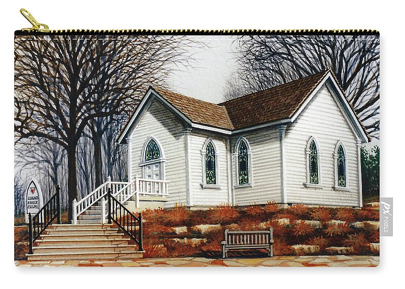 Architectural Landscape Zip Pouch featuring the painting Grand River Chapel by George Lightfoot