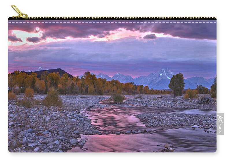  Zip Pouch featuring the photograph Grand Teton Spread Creek Panoramic Autumn Sunset by Adam Jewell