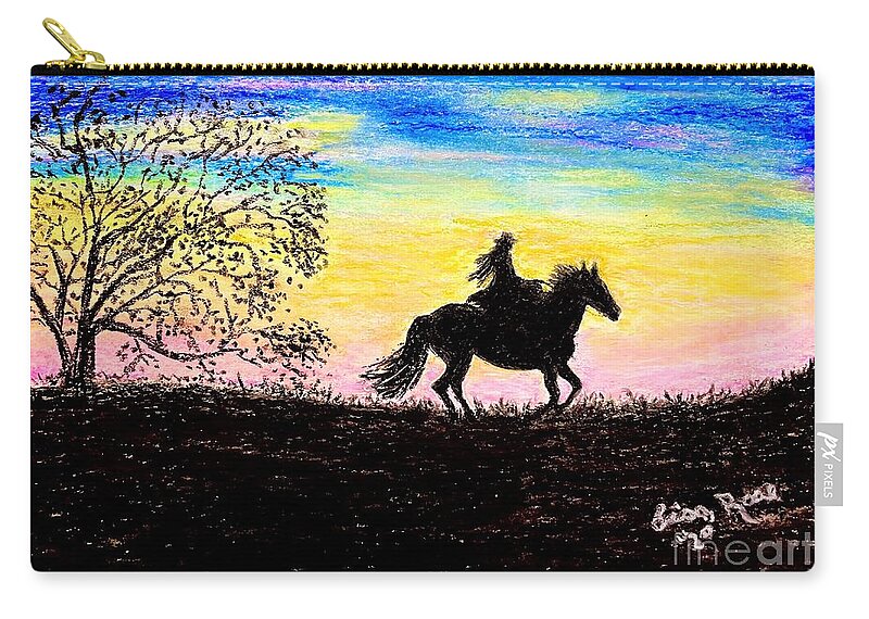 Horse Sunset Zip Pouch featuring the painting Grandaughter on a horse by Lisa Rose Musselwhite