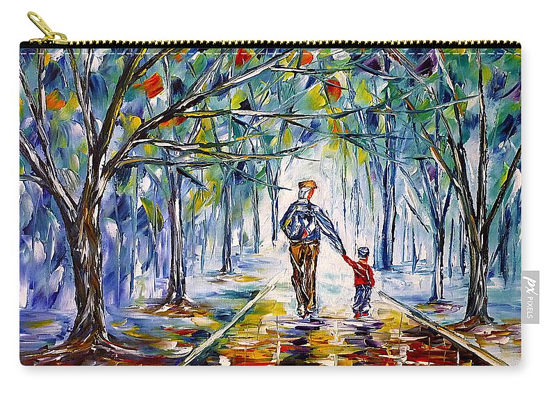 Autumn Walk Zip Pouch featuring the painting Grandpa With Grandson by Mirek Kuzniar