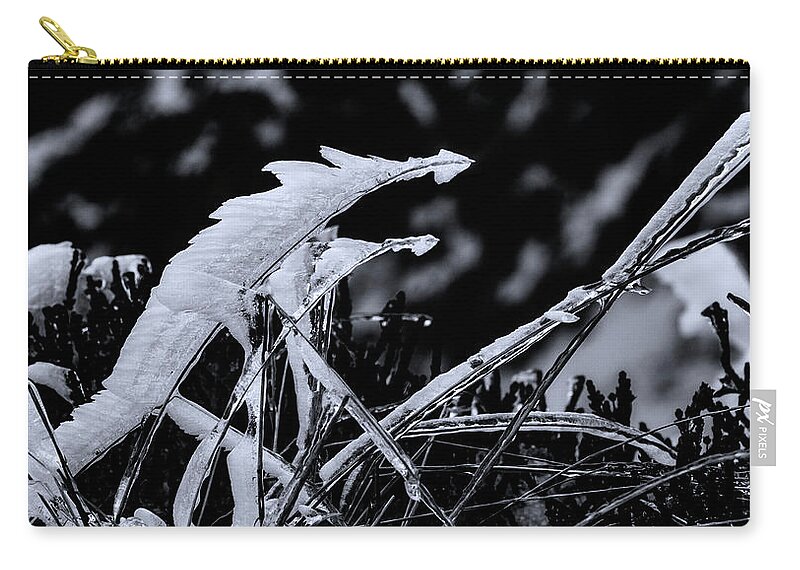 Textured Zip Pouch featuring the photograph Grass Icicles Black and White by Pelo Blanco Photo