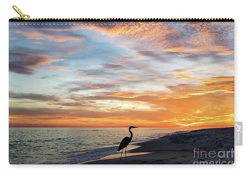Great Zip Pouch featuring the photograph Great Blue Heron on the Beach at Sunset by Beachtown Views