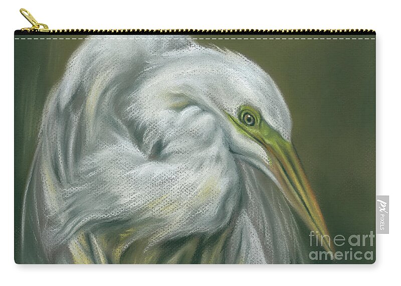 Bird Zip Pouch featuring the painting Great Egret White Waterfowl Portrait by MM Anderson