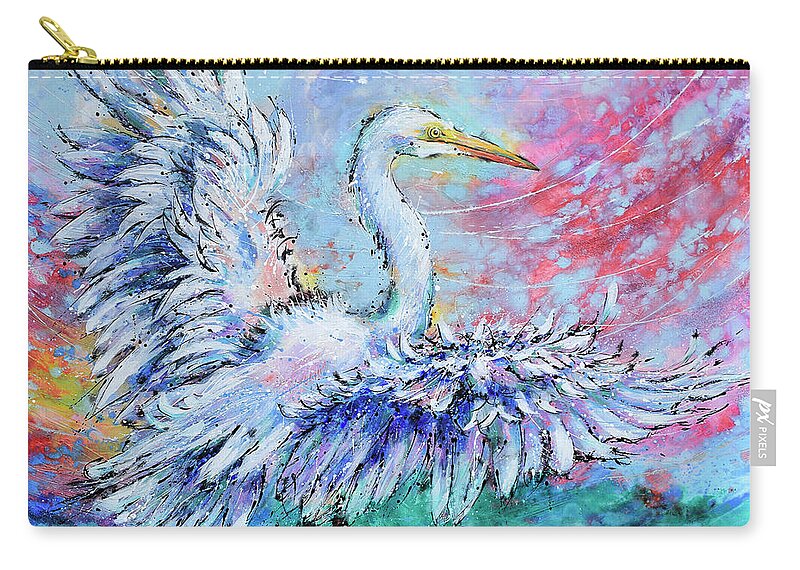  Carry-all Pouch featuring the painting Great Egret's Glorious Landing by Jyotika Shroff