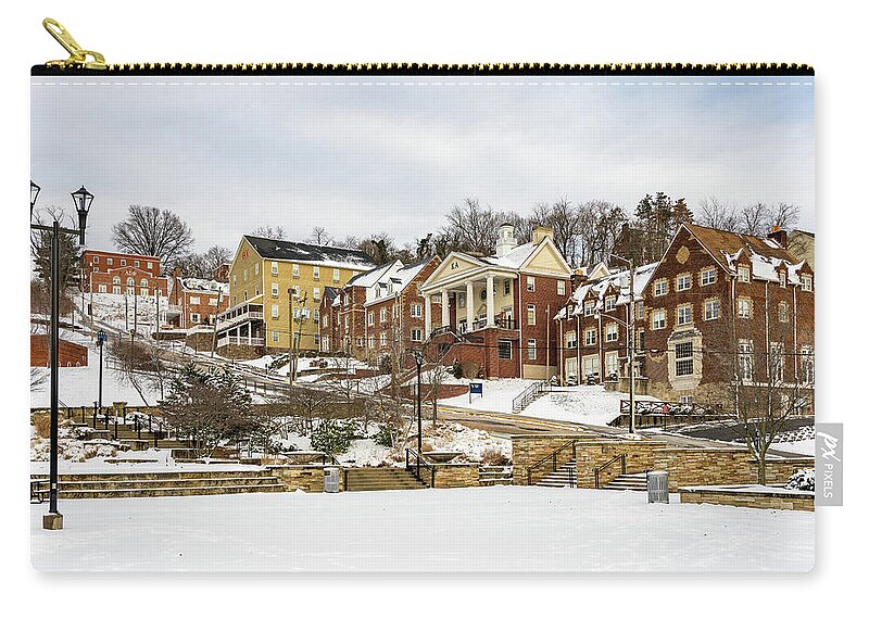 Glo Zip Pouch featuring the photograph Greek Life buildings at WVU at Christmas by Steven Heap