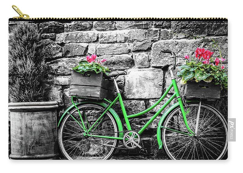 Europe Zip Pouch featuring the photograph Green bicycle with flowers by Alexey Stiop
