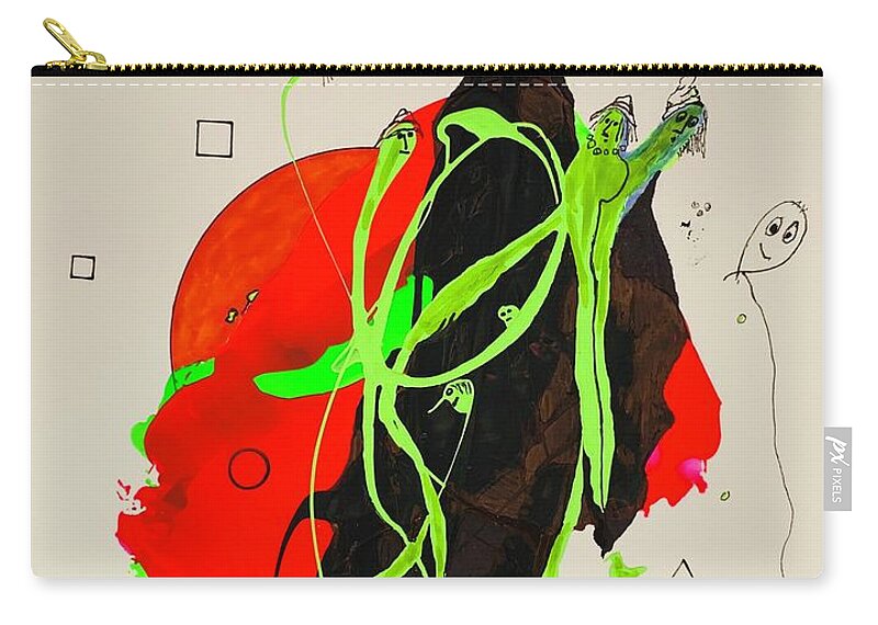  Zip Pouch featuring the mixed media Green Faces on Black and Red 11149 by Lew Hagood