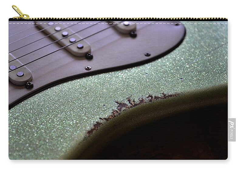 Fender Zip Pouch featuring the photograph Green Sparkle Aged Relic Guitar in Sunlight by Guitarwacky Fine Art