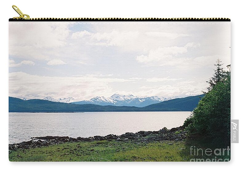 #alaska #ak #juneau #cruise #tours #vacation #peaceful #sealaska #southeastalaska #calm #chilkatmountains #chilkats #capitalcity #lynncanal #shrineofsttherese #clouds #cloudy #35mm #analog #film #spring #sprucewoodstudios Zip Pouch featuring the photograph Green Spring by Lynn Canal by Charles Vice