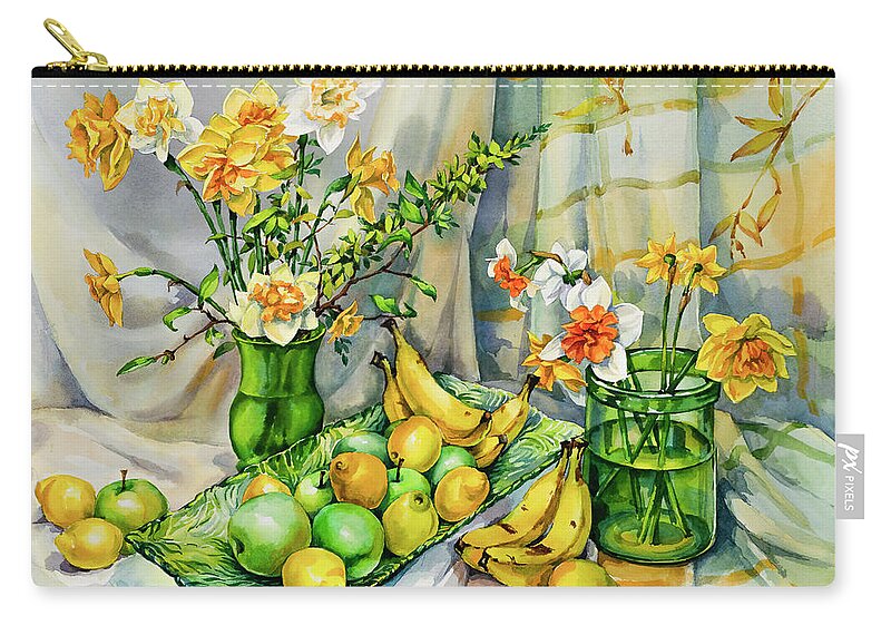 Green Carry-all Pouch featuring the painting Green Yellow Still Life with Daffodils by Maria Rabinky