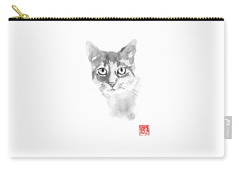 Sumie Zip Pouch featuring the drawing Grey Cat by Pechane Sumie