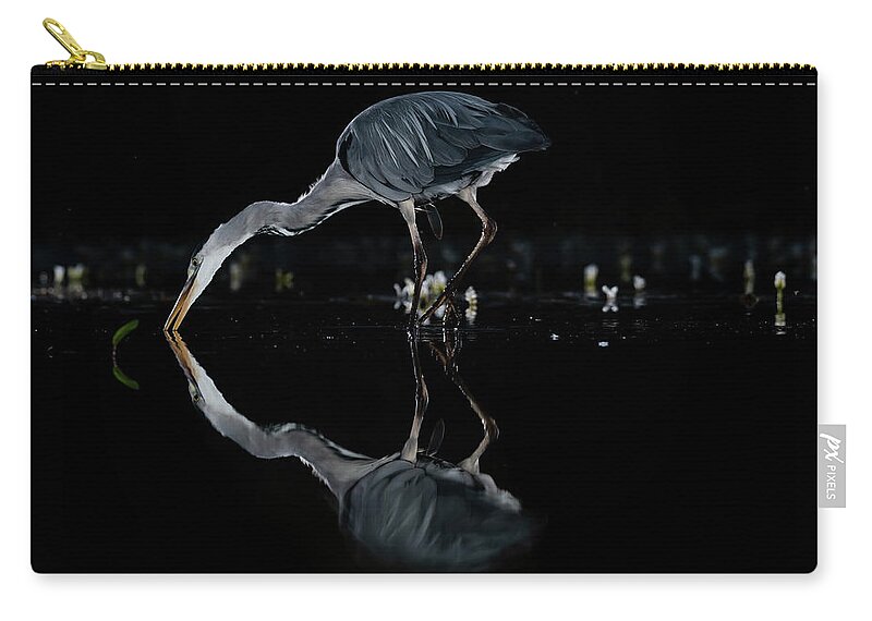 Grey Heron Zip Pouch featuring the photograph Grey Heron Fishing by Mark Hunter