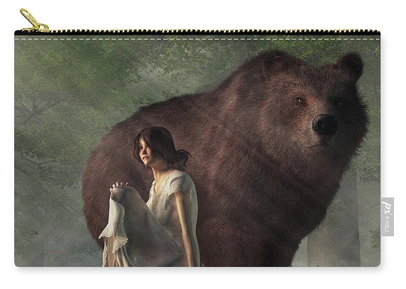 Grizzly Bear Zip Pouch featuring the digital art Grizzly Bear and Girl in a Nightgown by Daniel Eskridge