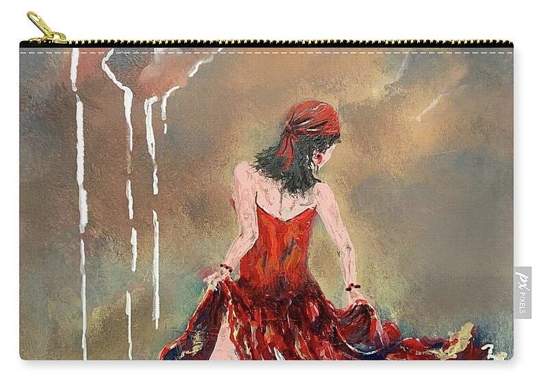 Miroslaw Chelchowski Gypsy In Red Acrylic On Canvas Painting Print Colors Red Dancer Woman Dance Clouds Sky Evening Dress Rain Music Dark Zip Pouch featuring the painting Gypsy in red by Miroslaw Chelchowski