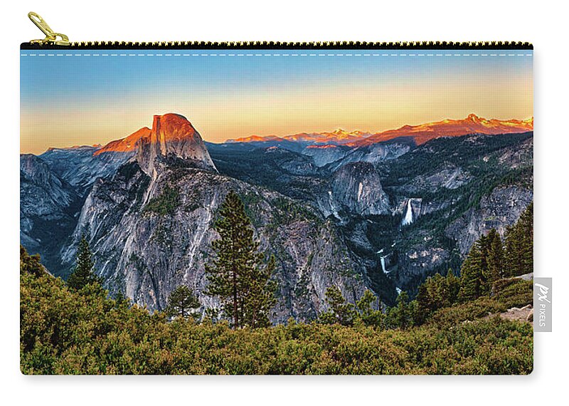 California Zip Pouch featuring the photograph Half Dome Sunset at Yosemite Panorama by Dan Carmichael