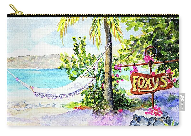 Beach Zip Pouch featuring the painting Hammock on Beach at Foxy's by Carlin Blahnik CarlinArtWatercolor