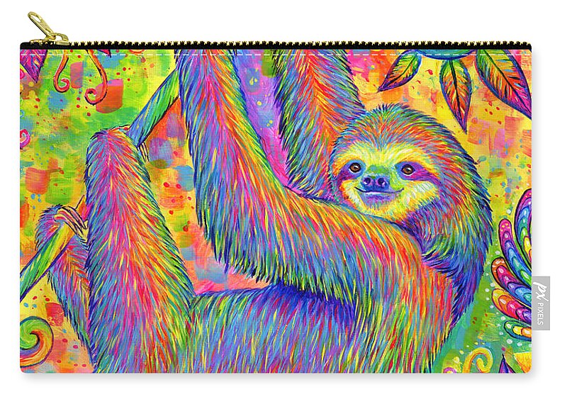 Sloth Zip Pouch featuring the painting Hanging Around - Psychedelic Sloth by Rebecca Wang