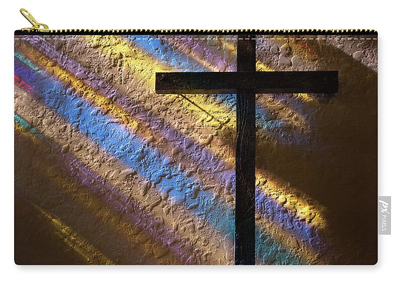 Christian Zip Pouch featuring the photograph Happy Easter Wood Cross with Colorful Rays of Light by Karen Lee Ensley