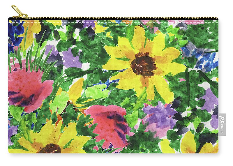 Yellow Zip Pouch featuring the painting Happy Impressionistic Flower Garden With Yellow Pink Blue Flowers by Irina Sztukowski