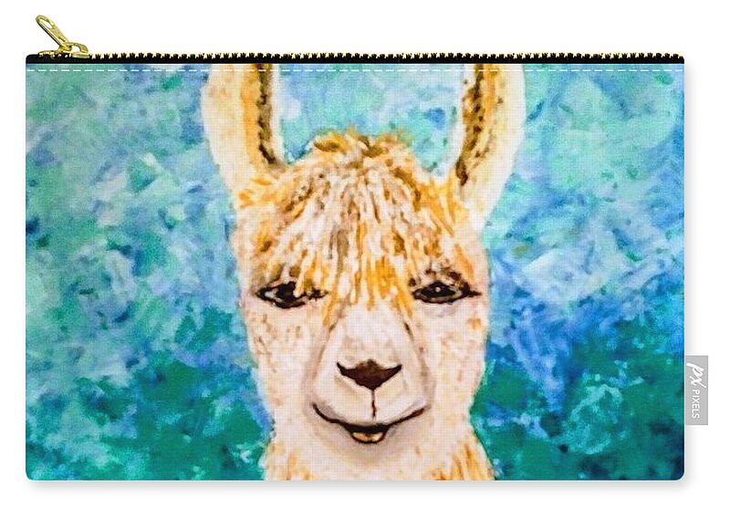 Llama Zip Pouch featuring the painting Happy Llama by Lynne McQueen